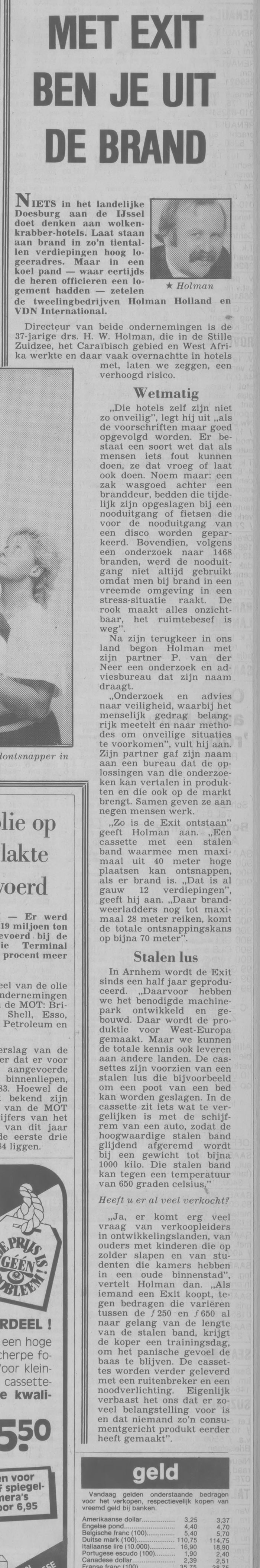 Clipping: Algemeen Dagblad, July 12, 1985, “Met Exit ben je uit de brand”