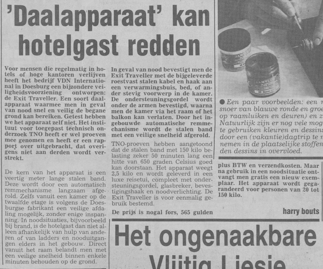 Clipping: Limburgsch Dagblad, July 20, 1985, “‘Daalapparaat’ kan hotelgast redden”