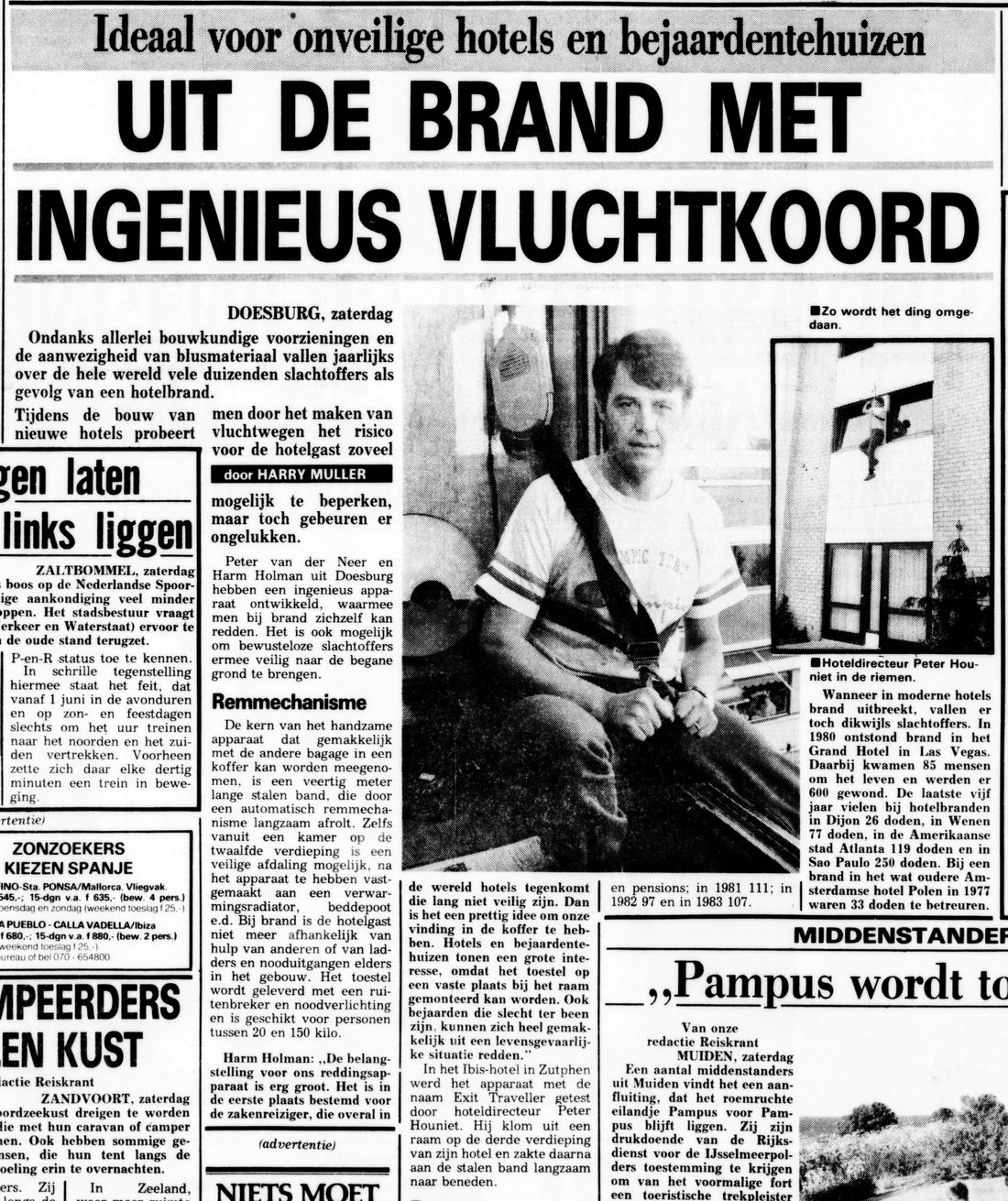 Clipping: De Telegraaf, June 8, 1985, “Uit de brand met ingenieus vluchtkoord”