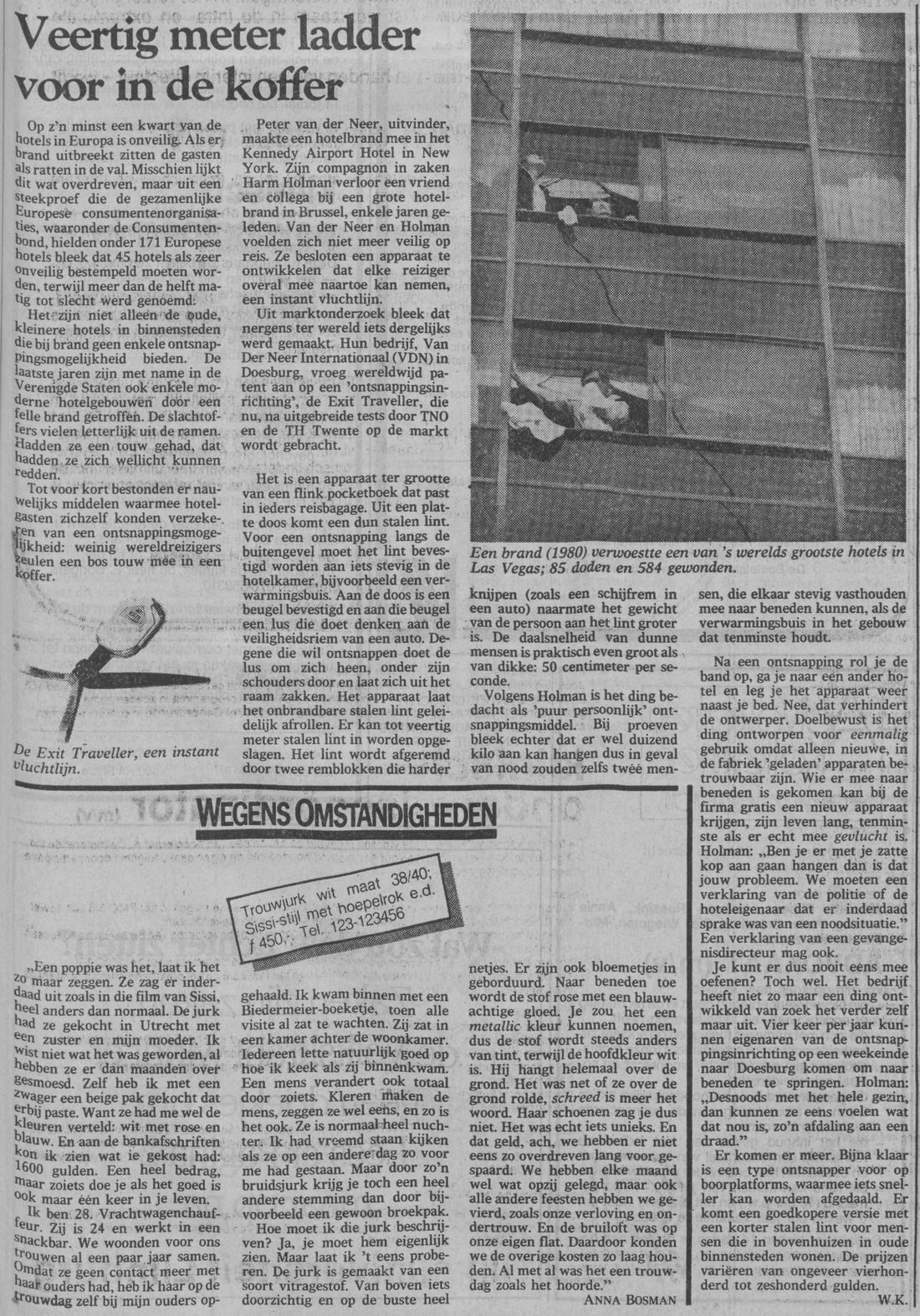 Clipping: de Volkskrant, June 1, 1985, “Veertig meter ladder voor in de koffer”