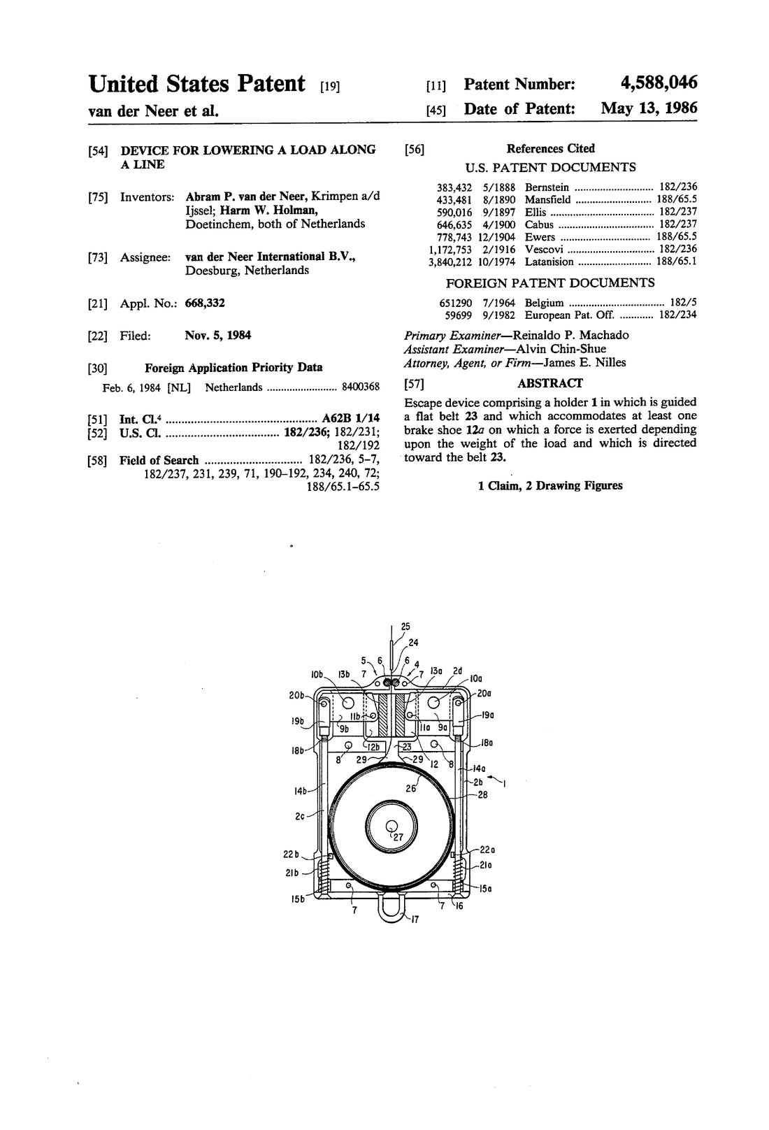 Front page of U.S. Patent 4,588,046, Device for lowering a load along a line