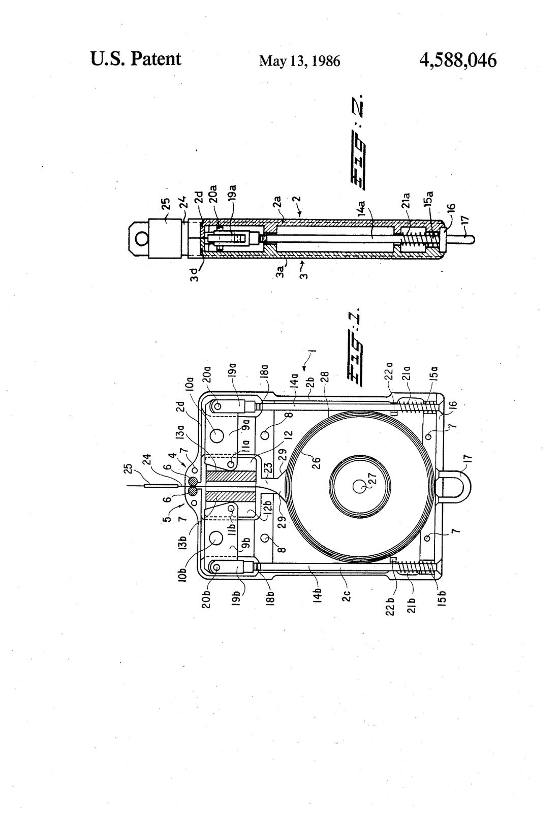 U.S. Patent 4,588,046 drawing sheet: Fig. 1, the inside of the holder with the belt reel, two brake shoes, pull rods and springs; Fig. 2, a cross-section